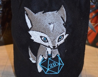 Dice Bag D20 Wolf Embroidered Black suede