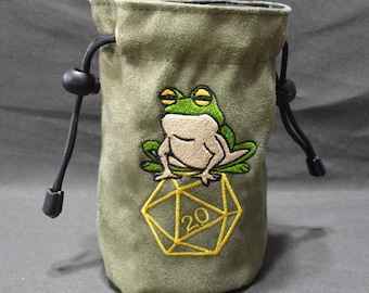 Handmade Suede Dice Bag – Frog Embroidery, D&D D20 TTRPG Accessory by Uber Dungeon
