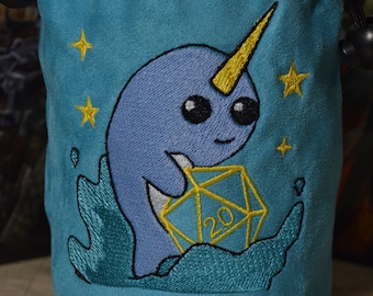 Dice Bag D20 Narwhal Embroidered Blue Suede