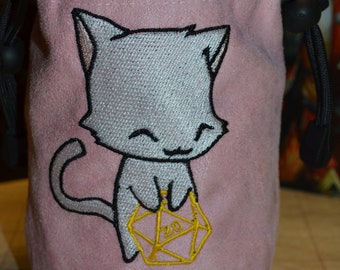 Dice Bag D20 White Cat Embroidered suede