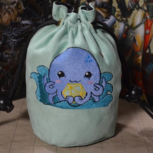 Handmade Suede Dice Bag – Octopus Embroidery, D&D D20 TTRPG Accessory by Uber Dungeon