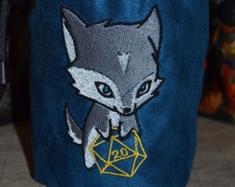 Dice Bag D20 Wolf Embroidered suede