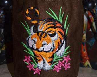 Dice Bag Tiger Embroidered Dark Brown Suede