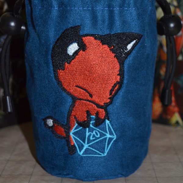 Dice Bag D20 Fox Embroidered Peacock Blue suede