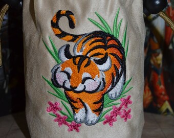 Dice Bag Tiger Embroidered Dark Brown Suede