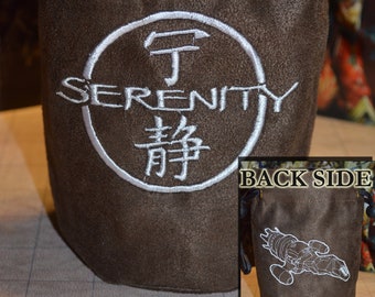 Handmade Suede Dice Bag – Serenity Embroidery, D&D D20 TTRPG Accessory by Uber Dungeon