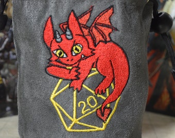 Dice Bag Dragon on D20 Embroidered Gray Suede