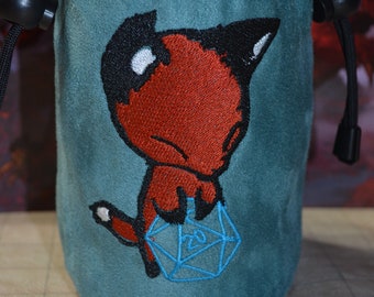 Dice Bag D20 Fox Embroidered Sea Foam Blue suede