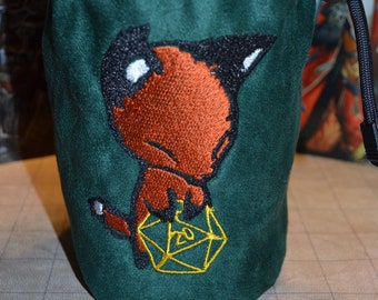 Dice Bag Fox rolling Gold D20 Embroidery Green Suede