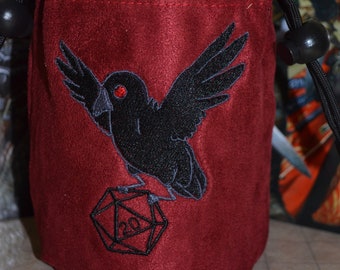 Dice Bag Raven Embroidered Red suede