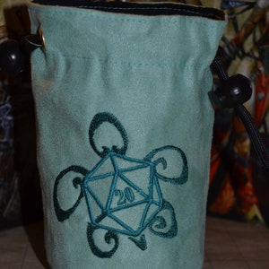 Embroidered Turtle D20 Dice Bag: Suede RPG Gaming Pouch