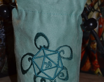 Embroidered Turtle D20 Dice Bag: Suede RPG Gaming Pouch