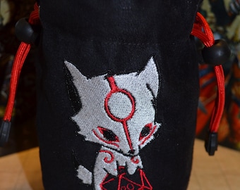 Handmade Suede Dice Bag – Okami Wolf Embroidery, D&D D20 TTRPG Accessory by Uber Dungeon