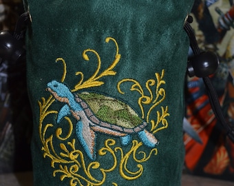 Embroidered Turtle Dice Bag: Green Suede RPG Gaming Pouch