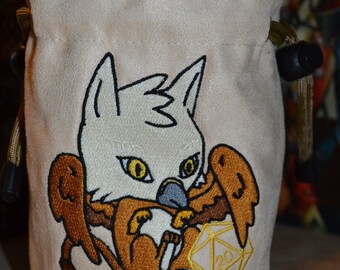 Handmade Tan Suede Dice Bag – Griffin Embroidery, D&D D20 TTRPG Accessory by Uber Dungeon