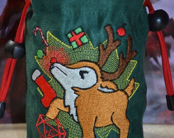 Handmade Suede Dice Bag – Reindeer Embroidery, D&D D20 TTRPG Accessory by Uber Dungeon