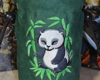 Embroidered Panda Dice Bag: Green Suede RPG Gaming Pouch