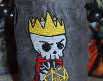 Embroidered Lich King D20 Dice Bag - Gray Suede
