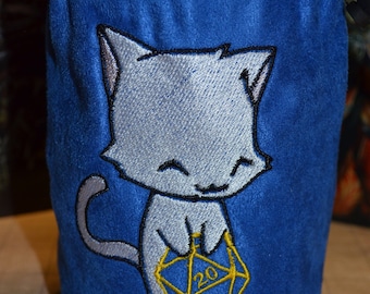 Embroidered Cat D20 Dice Bag: Blue Suede RPG Gaming Pouch