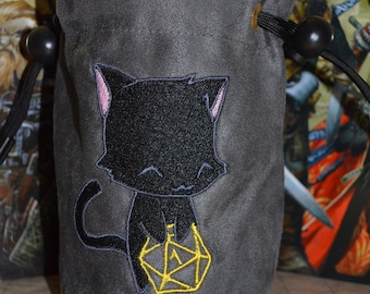 Embroidered Black Cat Dice Bag: Gray Suede D20