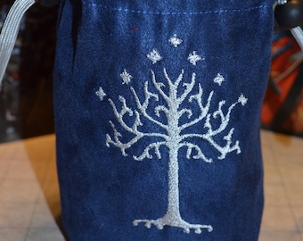Handmade Suede Dice Bag – White Tree Embroidery, D&D D20 TTRPG Accessory by Uber Dungeon