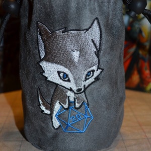 Dice Bag Wolf rolling D20 Embroidery gray Suede image 1