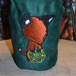 Dice Bag Fox rolling Gold D20 Embroidery Green Suede