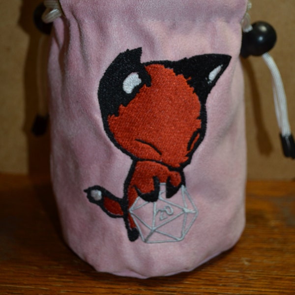 Dice Bag D20 Fox Embroidered Pink suede