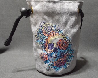 Handmade Suede Dice Bag – Rainbow Skull Embroidery, D&D D20 TTRPG Accessory by Uber Dungeon