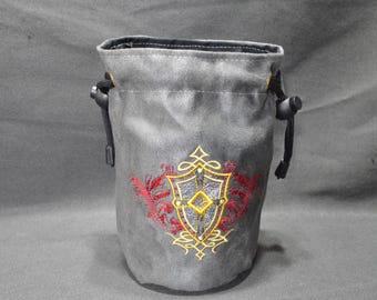 Handmade Suede Dice Bag – Knights Shield Embroidery, D&D D20 TTRPG Accessory by Uber Dungeon