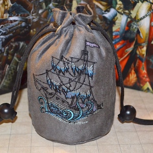 Handmade Suede Dice Bag – Ghost Ship Embroidery, D&D D20 TTRPG Accessory by Uber Dungeon