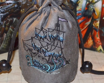 Handmade Suede Dice Bag – Ghost Ship Embroidery, D&D D20 TTRPG Accessory by Uber Dungeon