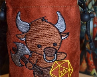 Handmade Rust Suede Dice Bag – Minotaur Embroidery, D&D D20 TTRPG Accessory by Uber Dungeon