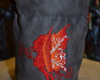 Handmade Suede Dice Bag – Red Fairy Embroidery, D&D D20 TTRPG Accessory by Uber Dungeon