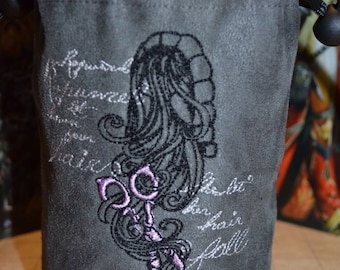 Handmade Suede Dice Bag – Rapunzel Embroidery, D&D D20 TTRPG Accessory by Uber Dungeon