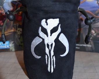 Handmade Black Suede Dice Bag – Mandalorian Skull Embroidery, TTRPG Accessory