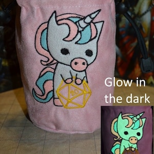 Dice Bag D20 Unicorn Glow in the dark Embroidered Pink suede