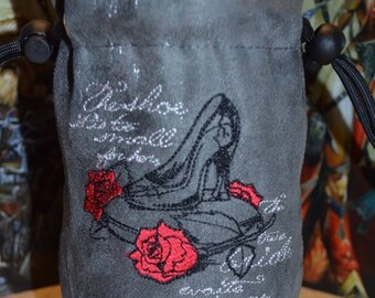Handmade Suede Dice Bag – Cinderella Embroidery, D&D D20 TTRPG Accessory by Uber Dungeon