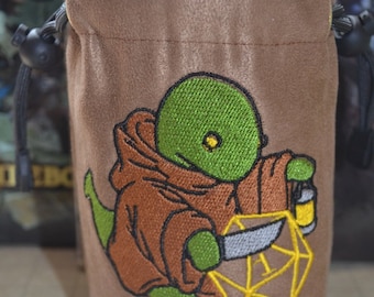Handmade Suede Dice Bag – Tonberry Embroidery, D&D D20 TTRPG Accessory by Uber Dungeon