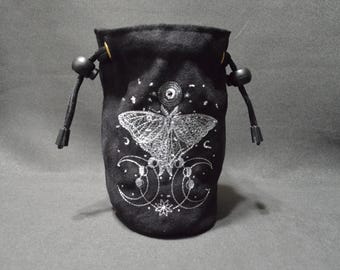 Handmade Suede Dice Bag: Moon Phase Moth Embroidery D&D Accessory