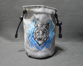 Embroidered Wolf Suede Dice Bag - Blue Tabletop Gaming