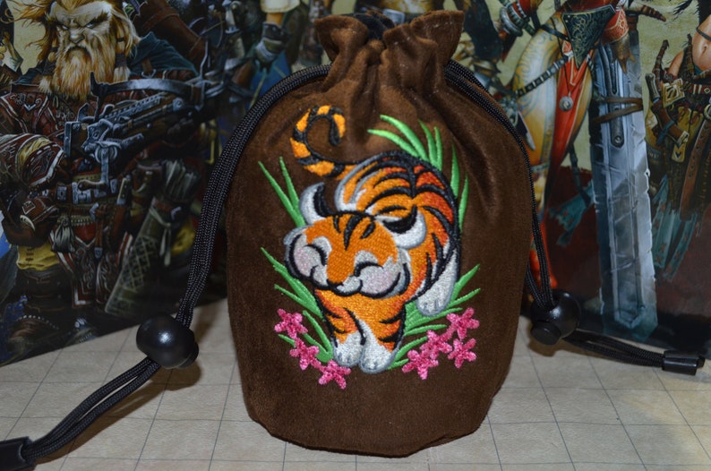 Dice Bag Tiger Embroidered Dark Brown Suede