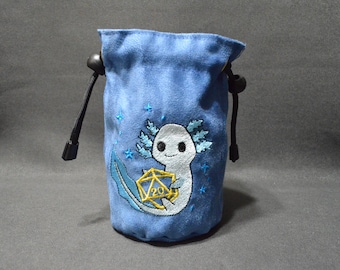 Handmade Suede Dice Bag – Blue Axolotl Embroidery, D&D D20 TTRPG Accessory by Uber Dungeon