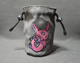 Handmade Suede Dice Bag – Charmed Rabbit Embroidery, D&D D20 TTRPG Accessory by Uber Dungeon