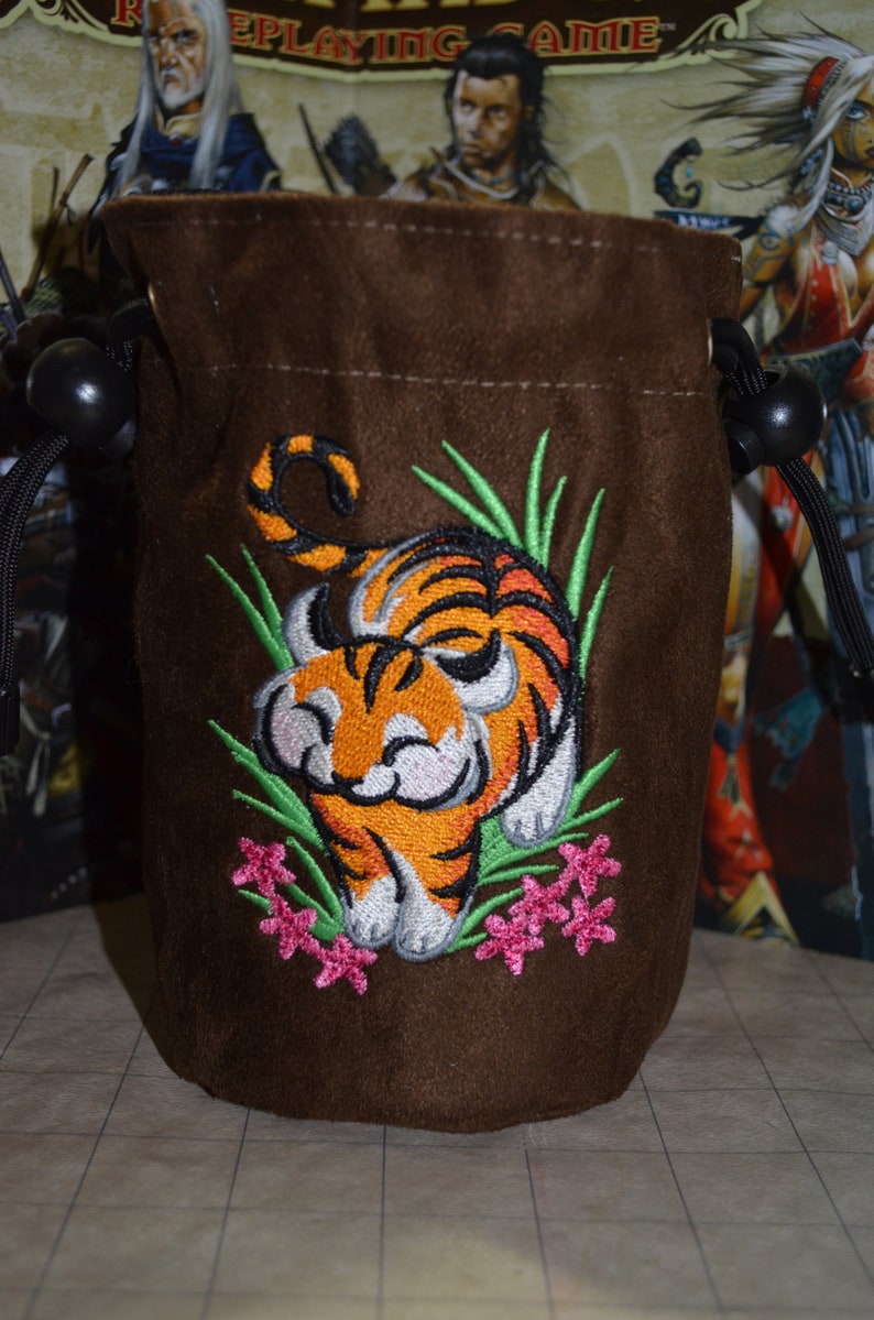 Dice Bag Tiger Embroidered Dark Brown Suede