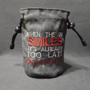 Handmade Suede Dice Bag – DM Smiles Embroidery, D&D D20 TTRPG Accessory by Uber Dungeon