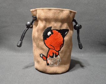 Handmade Brown Suede Dice Bag – Fox Embroidery, D&D D20 TTRPG Accessory by Uber Dungeon