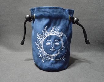 Handmade Suede Dice Bag – Sun/Moon Embroidery, D&D D20 TTRPG Accessory by Uber Dungeon