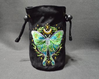 Handmade Suede Dice Bag – Jade Moth Embroidery, D&D D20 TTRPG Accessory by Uber Dungeon