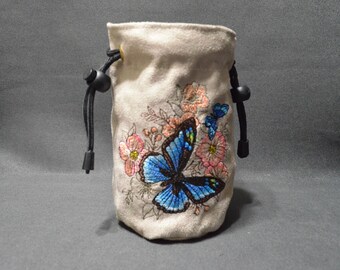 Handmade Suede Dice Bag – Butterfly Embroidery, D&D D20 TTRPG Accessory by Uber Dungeon